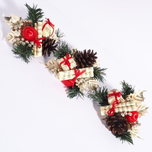 Vtg Artificial Christmas Branch Music Scroll Box Cone Gold Red Green Leaf Ball - Picture 3 of 7